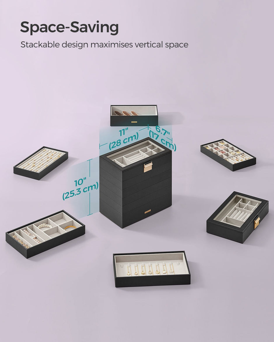Stackable Jewellery Tray – Glass – Ink Black – 6-Tier Design