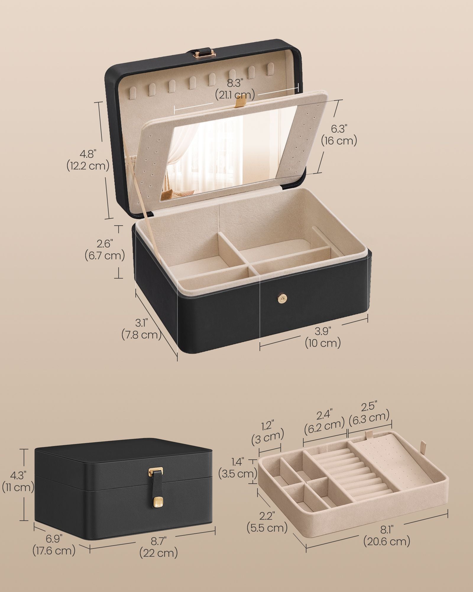 2-Layer Jewellery Box – Faux Leather – Ink Black – Removable Tray with Mirror