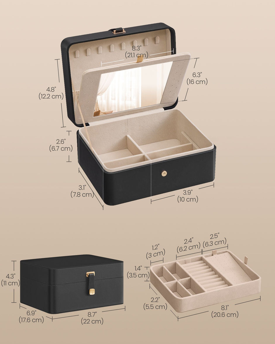 2-Layer Jewellery Box – Faux Leather – Ink Black – Removable Tray with Mirror