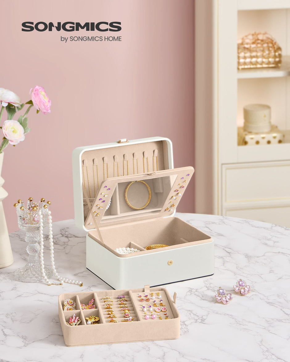 Jewellery Box – Fabric – Cloud White – 2-Layer with Mirror and Removable Tray
