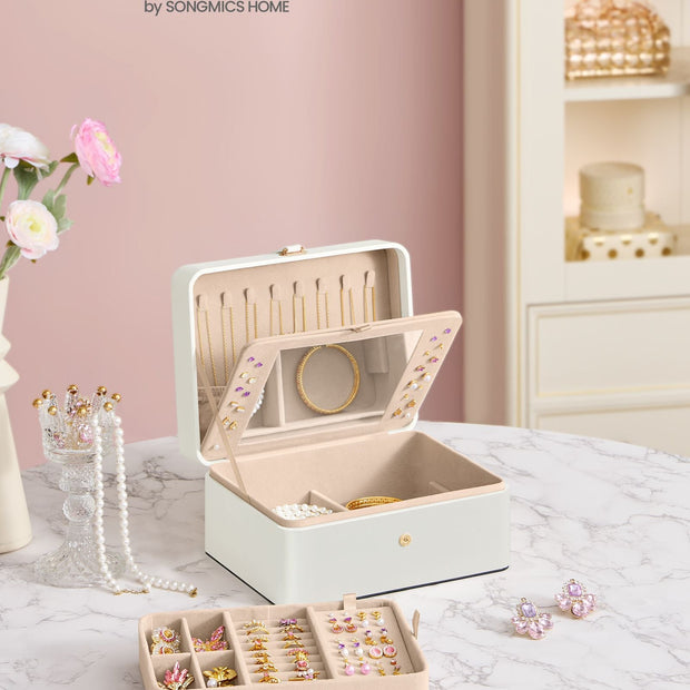 Jewellery Box – Fabric – Cloud White – 2-Layer with Mirror and Removable Tray