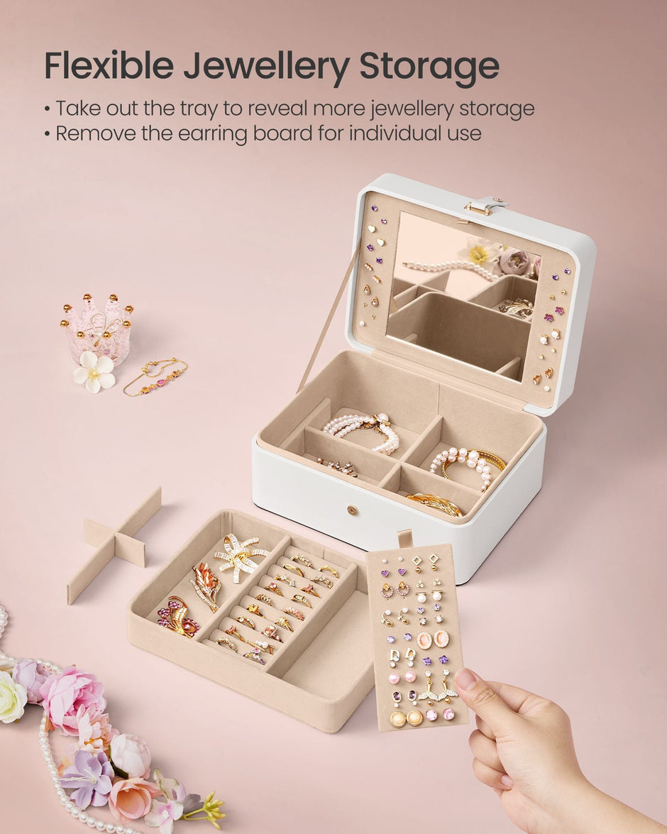 Jewellery Box – Fabric – Cloud White – 2-Layer with Mirror and Removable Tray