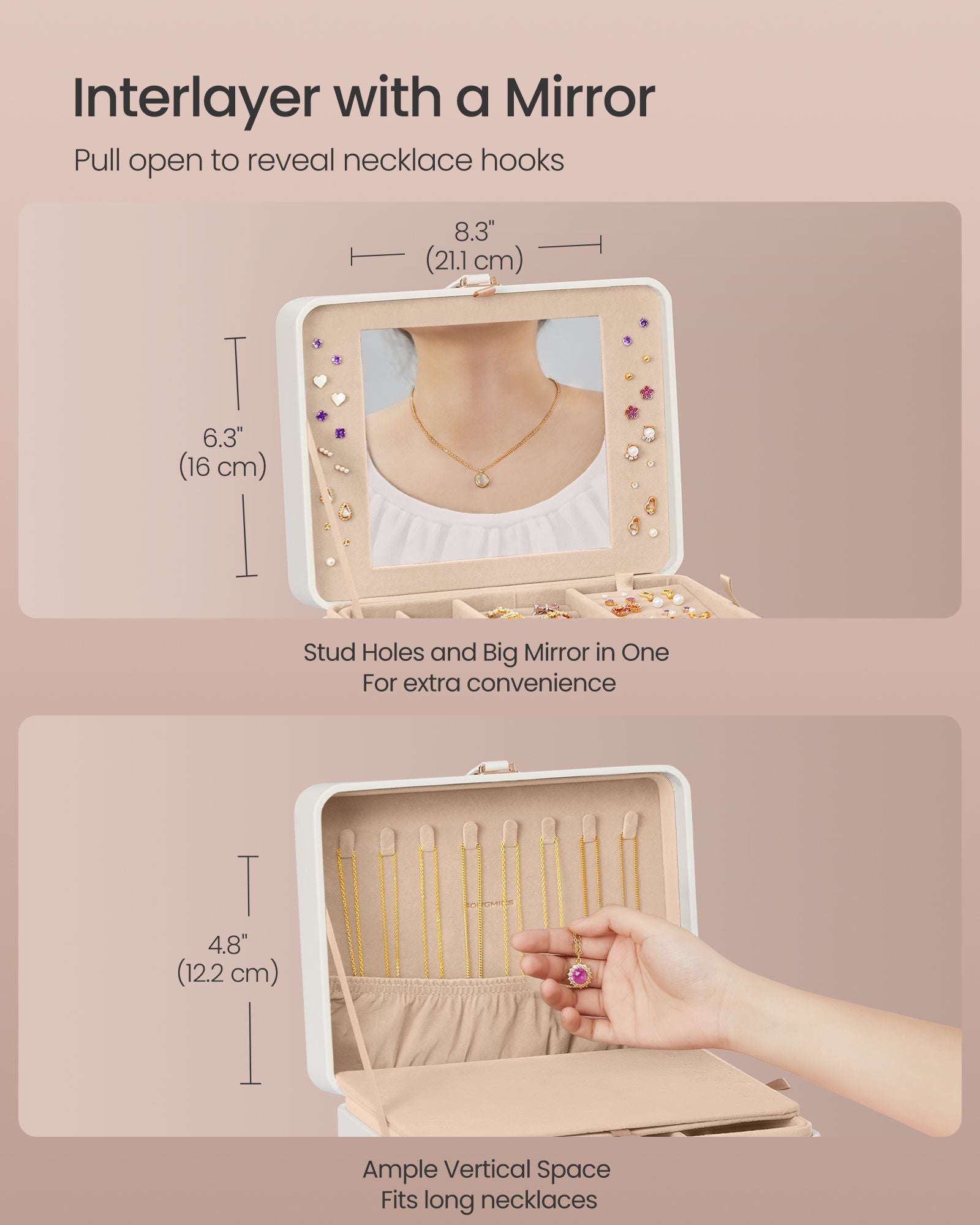 Jewellery Box – Fabric – Cloud White – 2-Layer with Mirror and Removable Tray