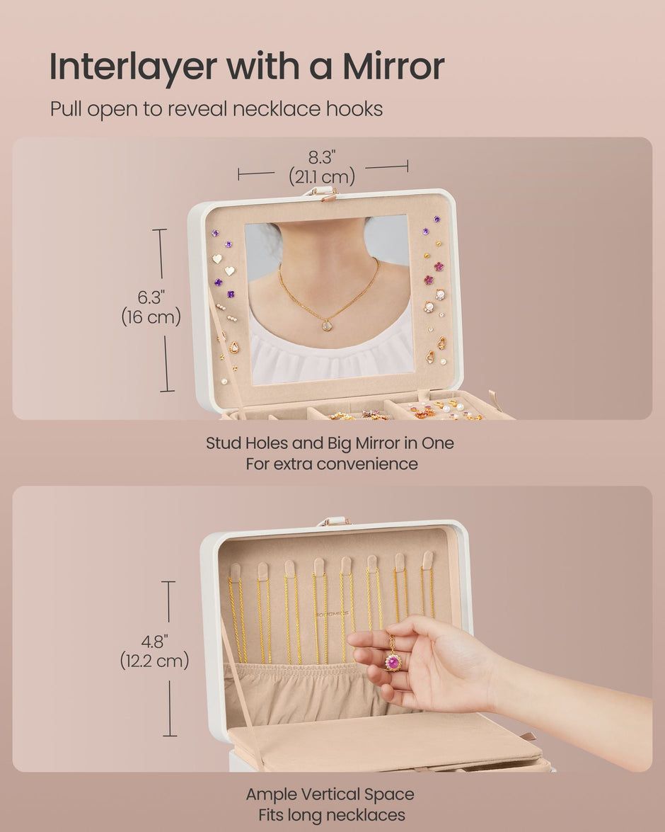 Jewellery Box – Fabric – Cloud White – 2-Layer with Mirror and Removable Tray
