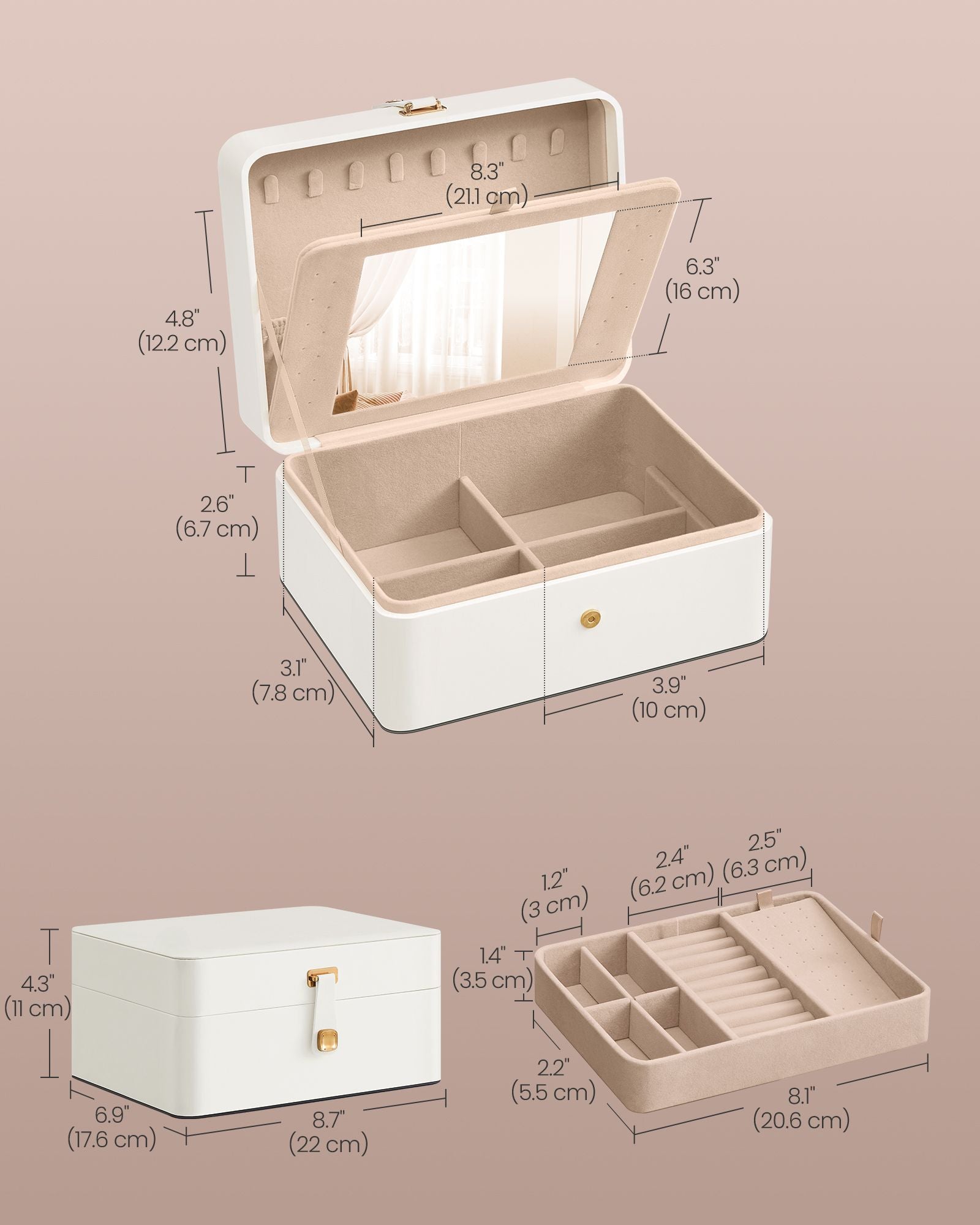 Jewellery Box – Fabric – Cloud White – 2-Layer with Mirror and Removable Tray