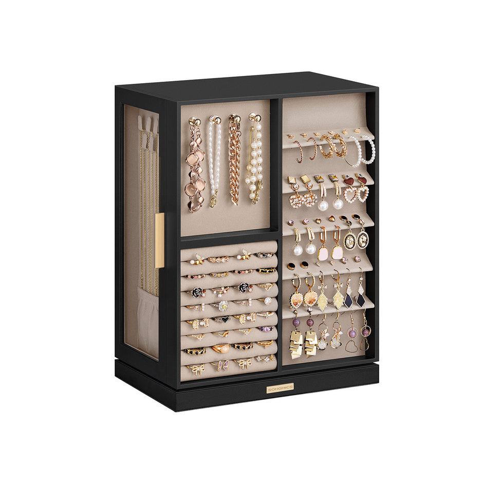 Jewellery Box – Wood and Glass – Black – 360° Rotating with 5 Drawers and Open Design