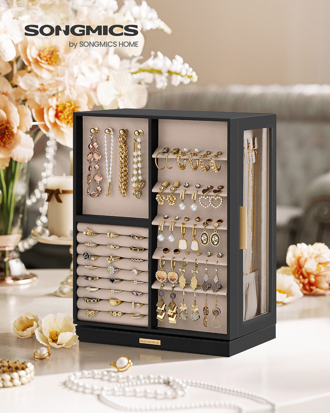 Jewellery Box – Wood and Glass – Black – 360° Rotating with 5 Drawers and Open Design