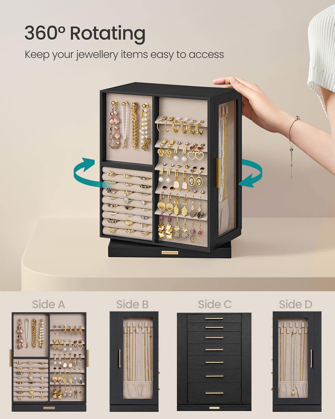 Jewellery Box – Wood and Glass – Black – 360° Rotating with 5 Drawers and Open Design