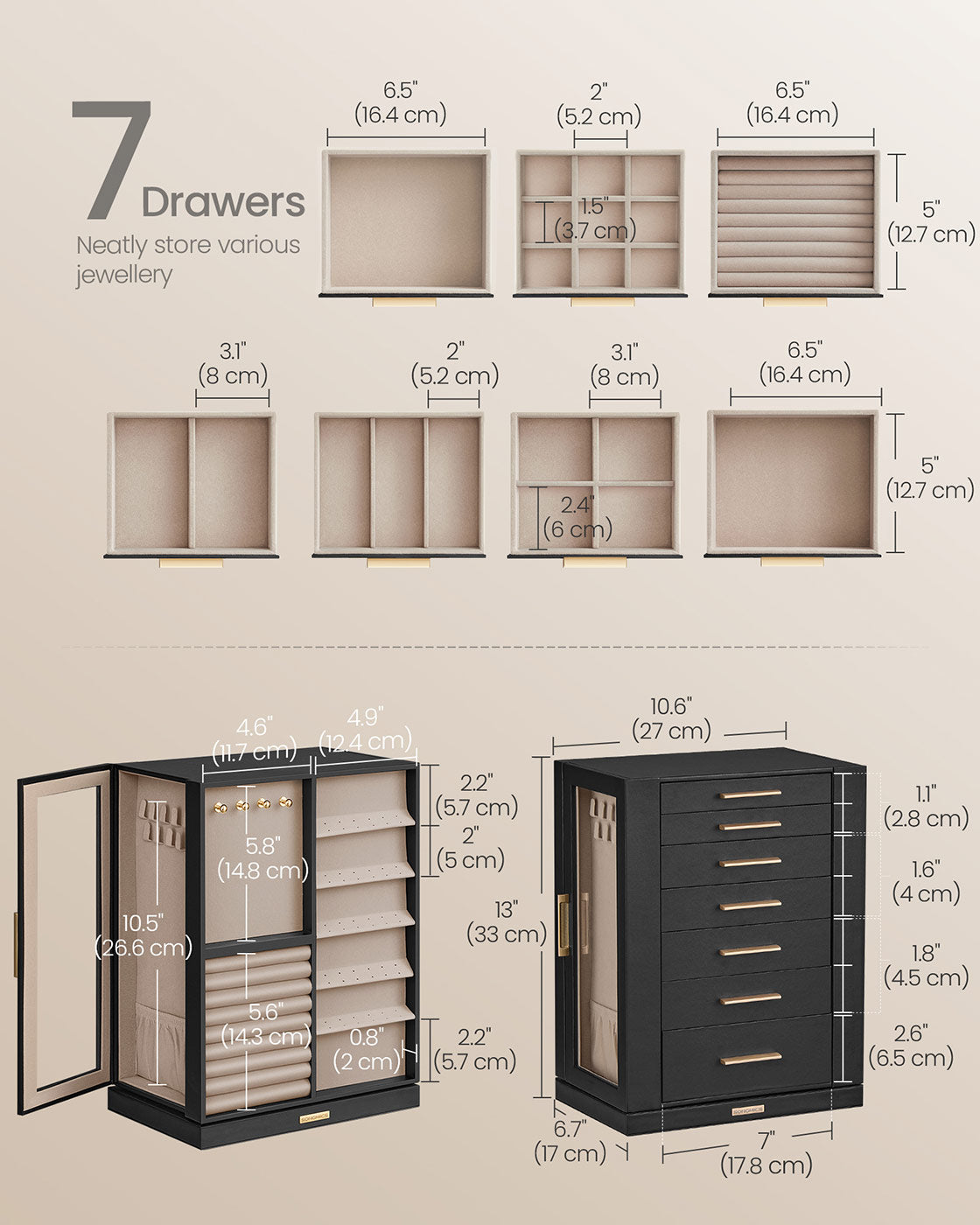 Jewellery Box – Wood and Glass – Black – 360° Rotating with 5 Drawers and Open Design