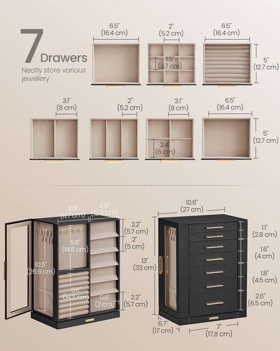 Jewellery Box – Wood and Glass – Black – 360° Rotating with 5 Drawers and Open Design