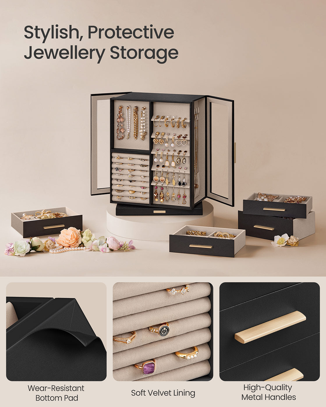 Jewellery Box – Wood and Glass – Black – 360° Rotating with 5 Drawers and Open Design