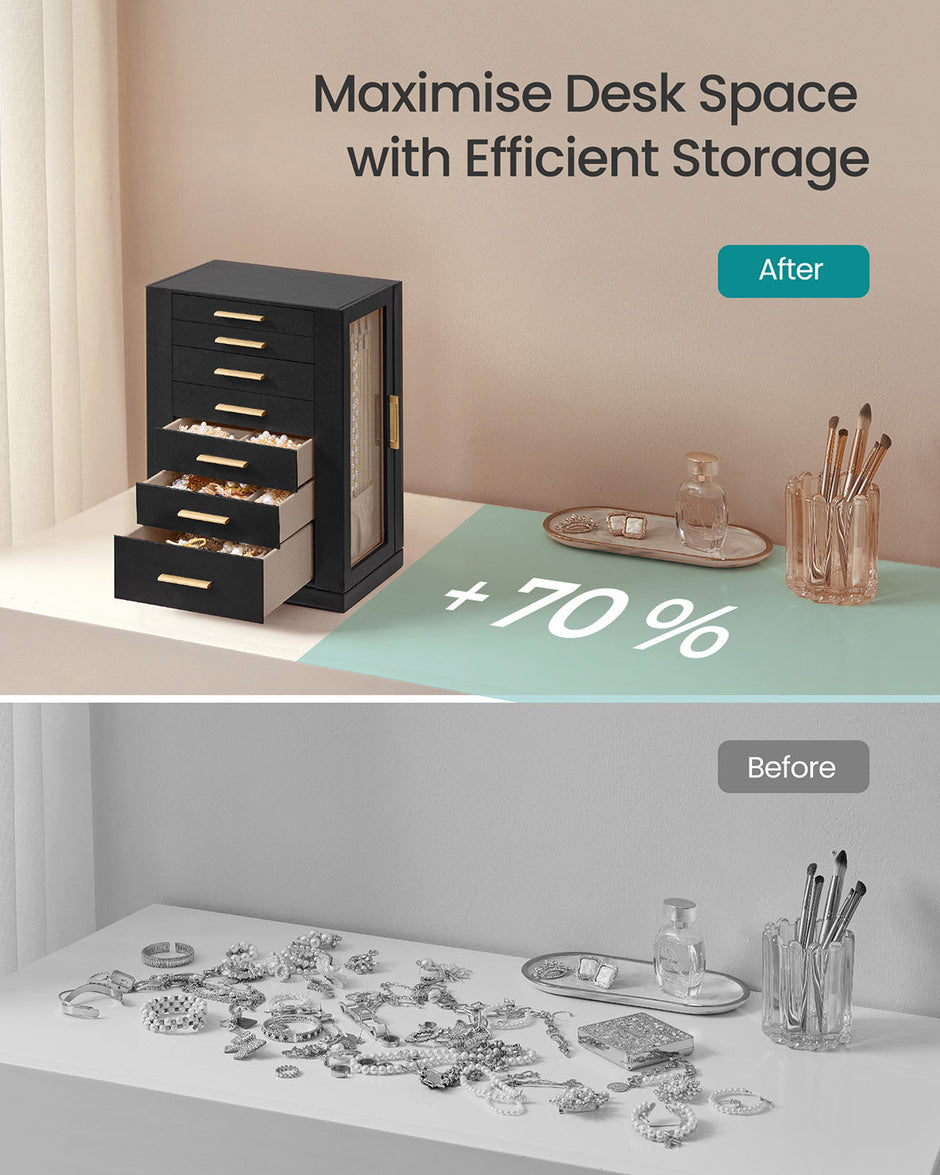 Jewellery Box – Wood and Glass – Black – 360° Rotating with 5 Drawers and Open Design