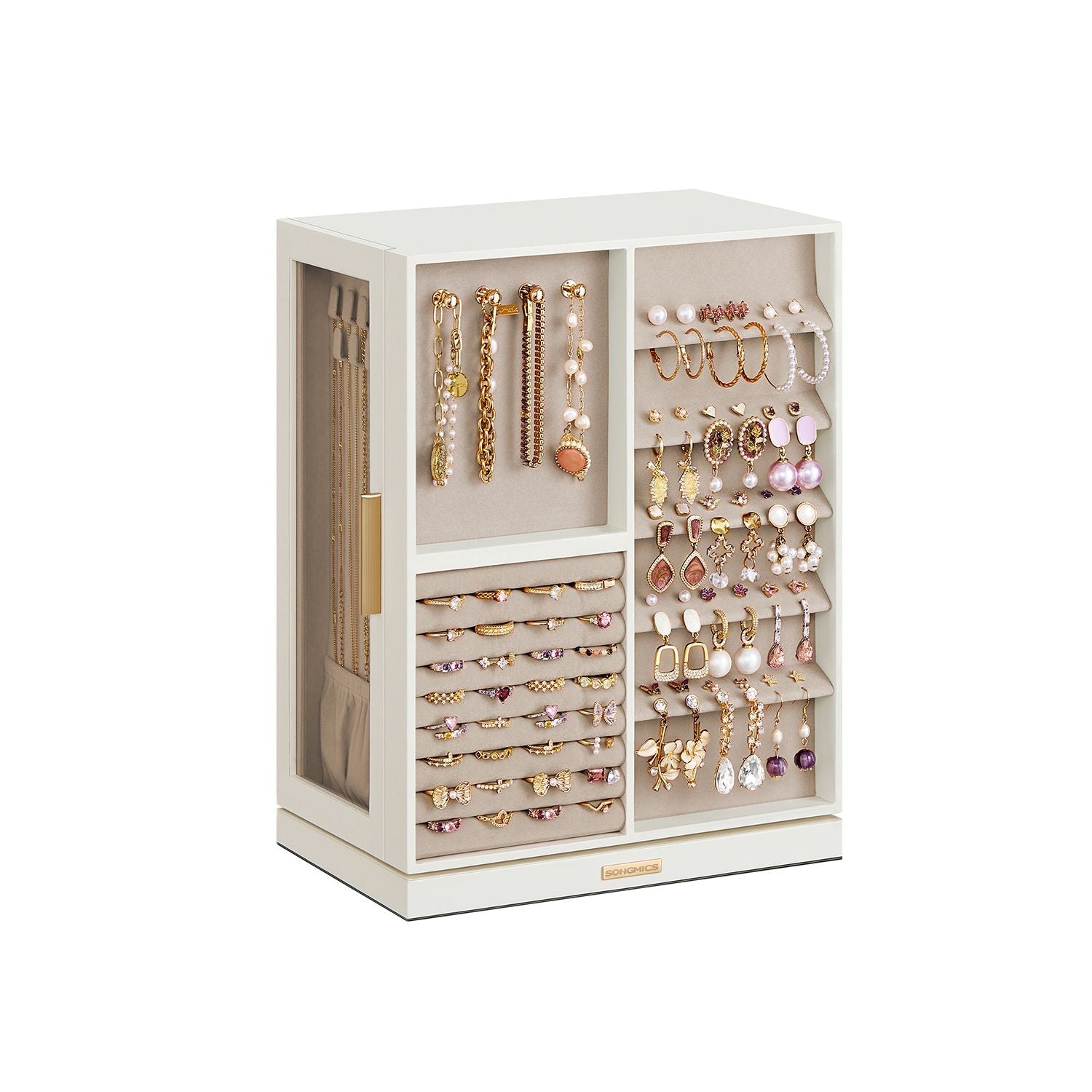 360° Rotating Jewellery Box – Wood – Cloud White – 7 Drawers with Glass Window and Open Design