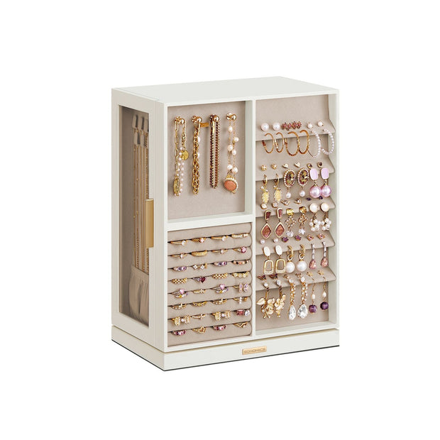 360° Rotating Jewellery Box – Wood – Cloud White – 7 Drawers with Glass Window and Open Design