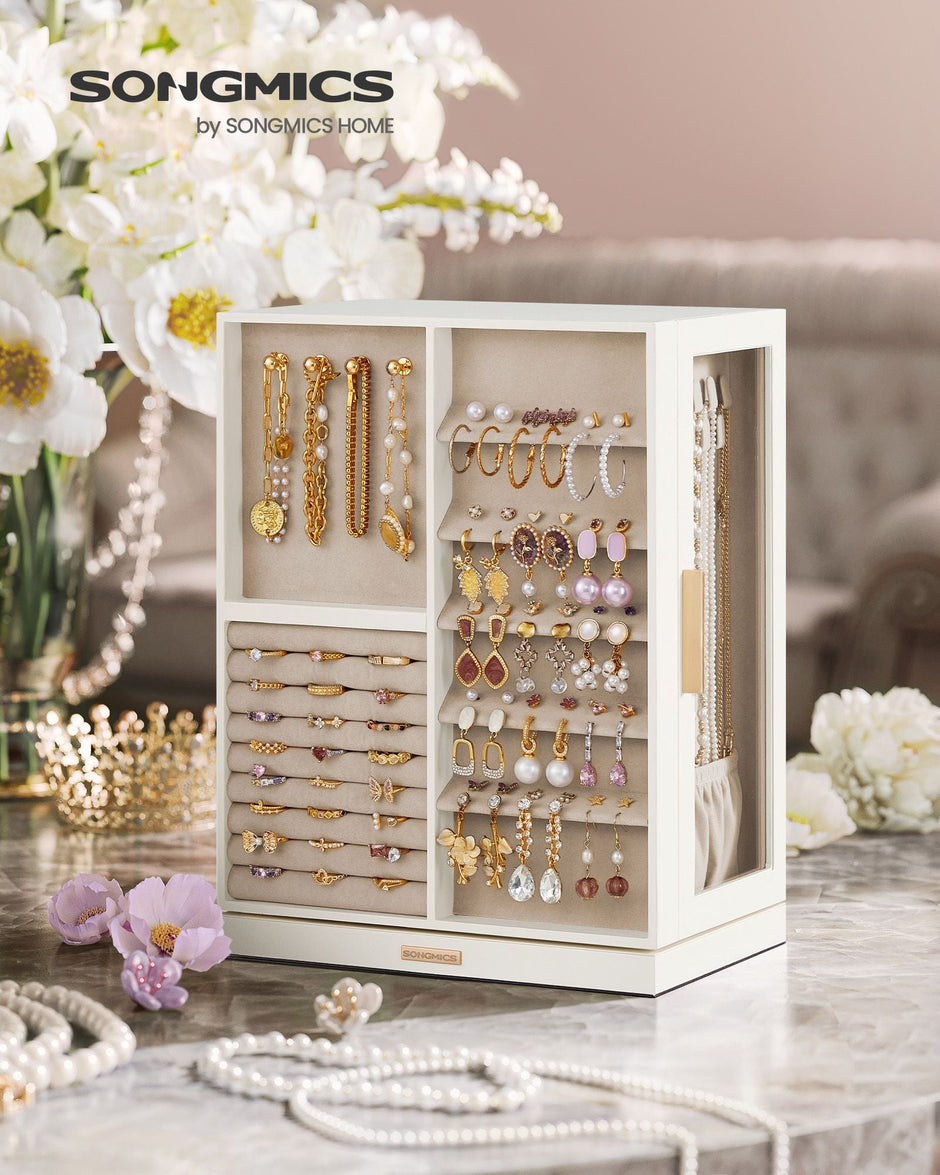 360° Rotating Jewellery Box – Wood – Cloud White – 7 Drawers with Glass Window and Open Design