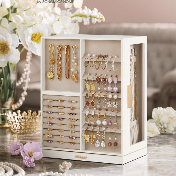 360° Rotating Jewellery Box – Wood – Cloud White – 7 Drawers with Glass Window and Open Design