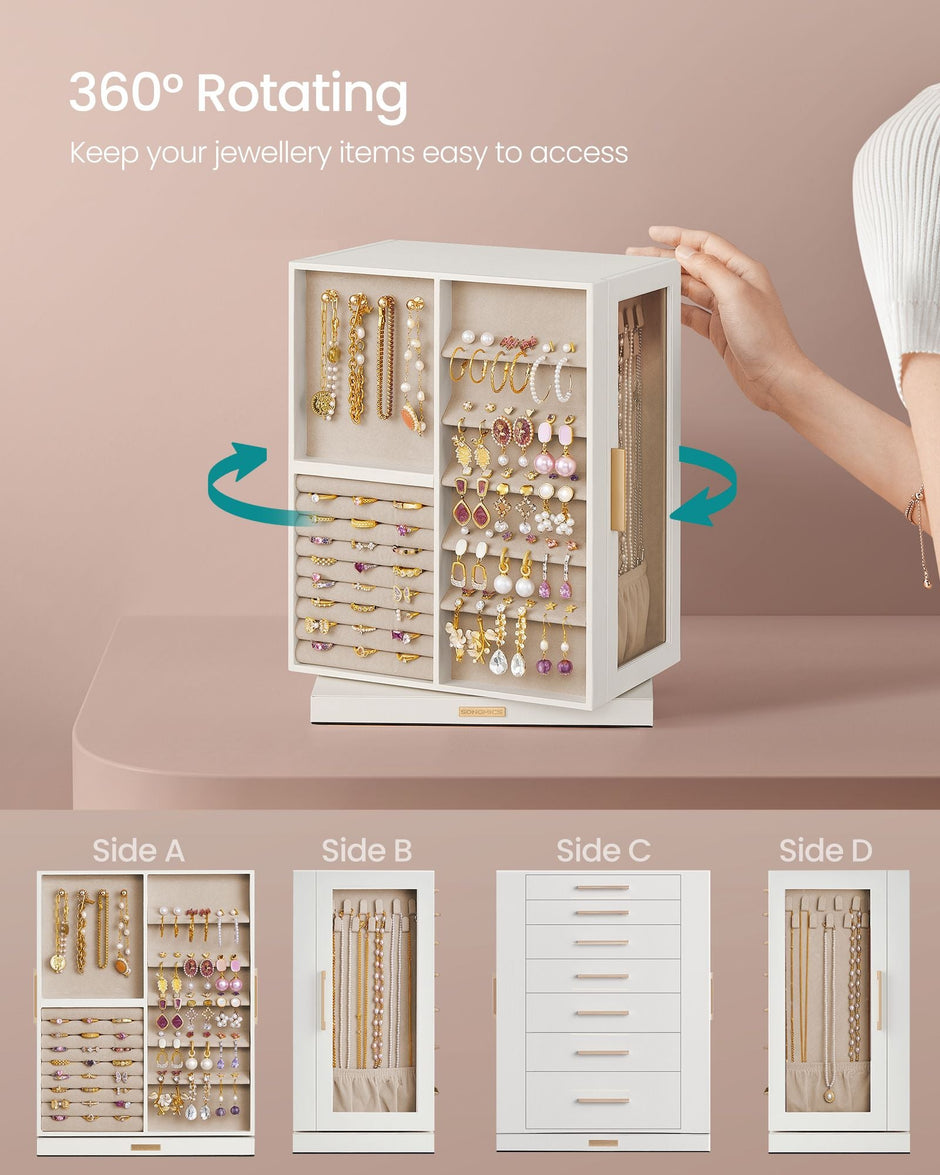 360° Rotating Jewellery Box – Wood – Cloud White – 7 Drawers with Glass Window and Open Design