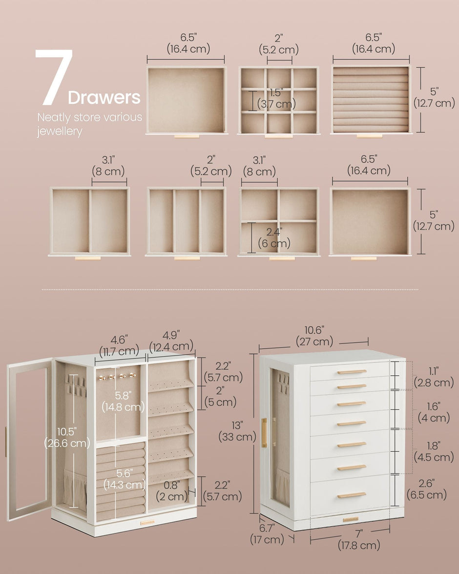 360° Rotating Jewellery Box – Wood – Cloud White – 7 Drawers with Glass Window and Open Design