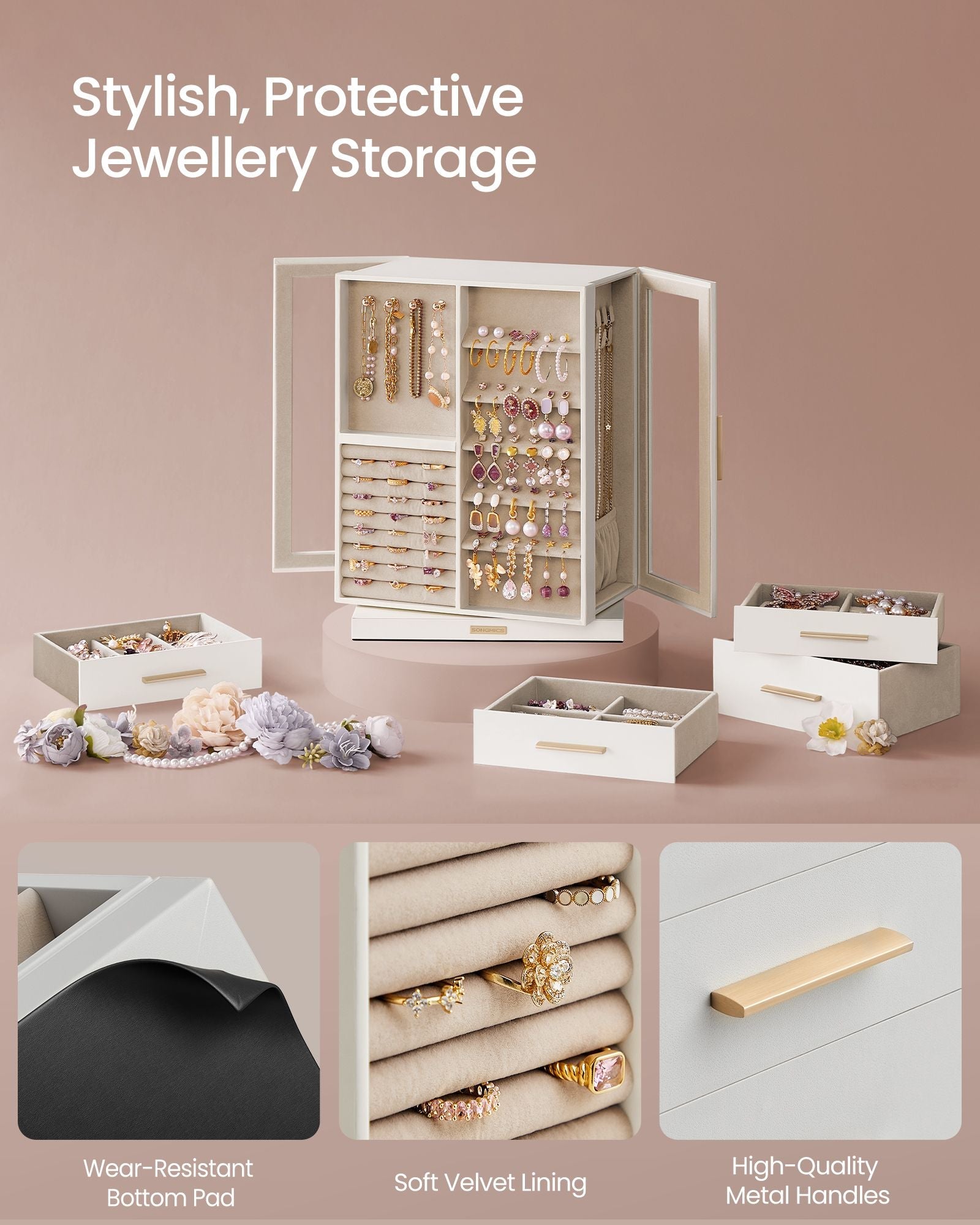 360° Rotating Jewellery Box – Wood – Cloud White – 7 Drawers with Glass Window and Open Design