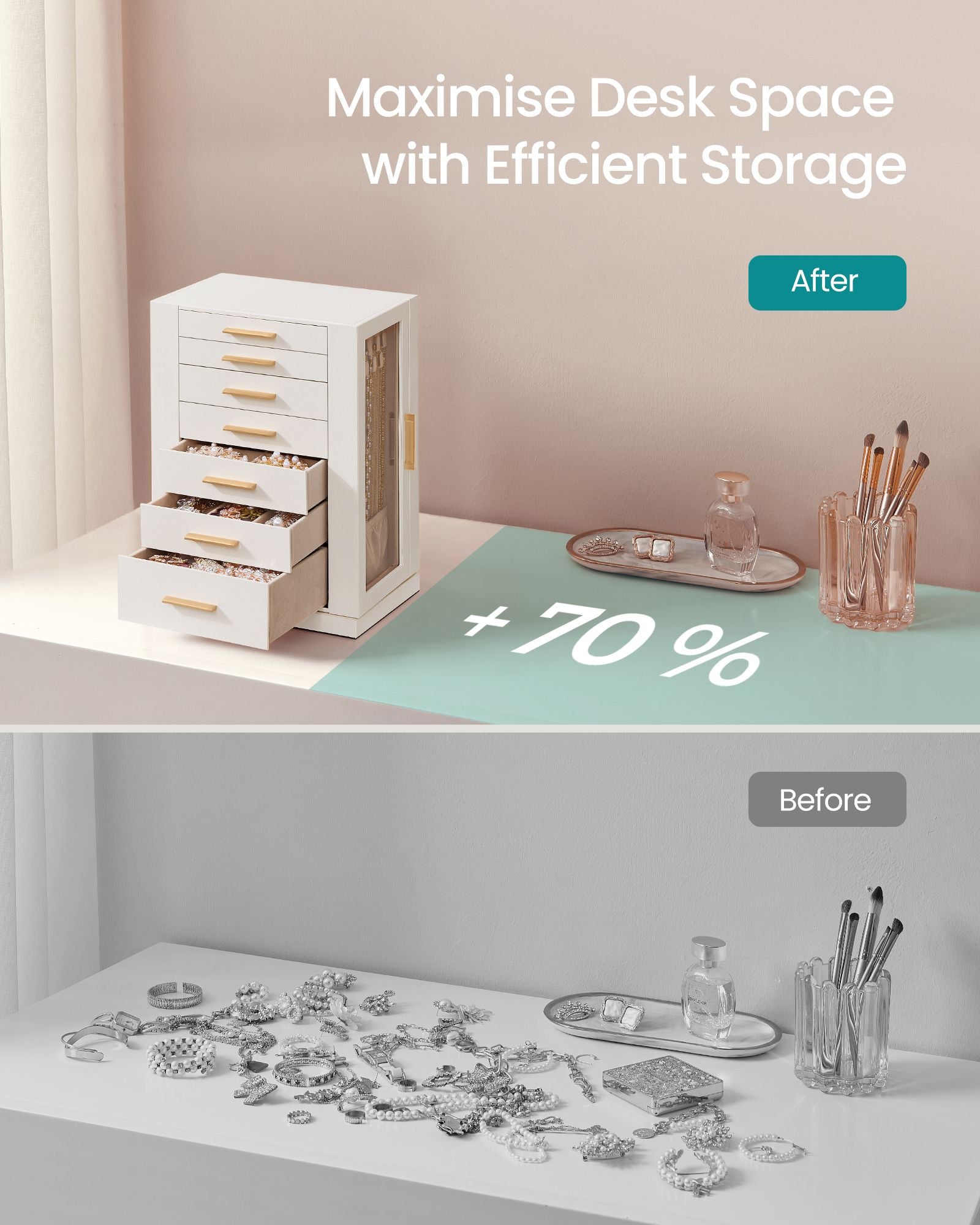 360° Rotating Jewellery Box – Wood – Cloud White – 7 Drawers with Glass Window and Open Design