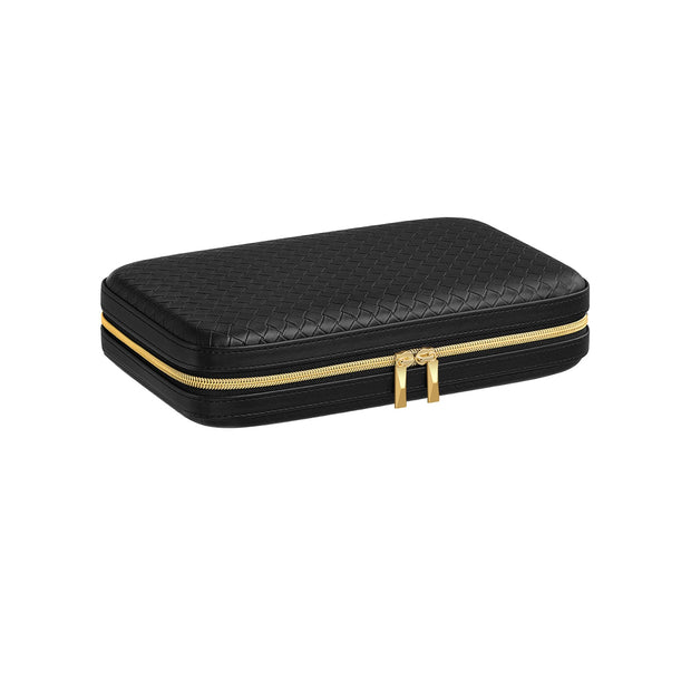 Travel Jewellery Box – Woven Embossed PU Leather – Ink Black – Large Capacity with Mirror