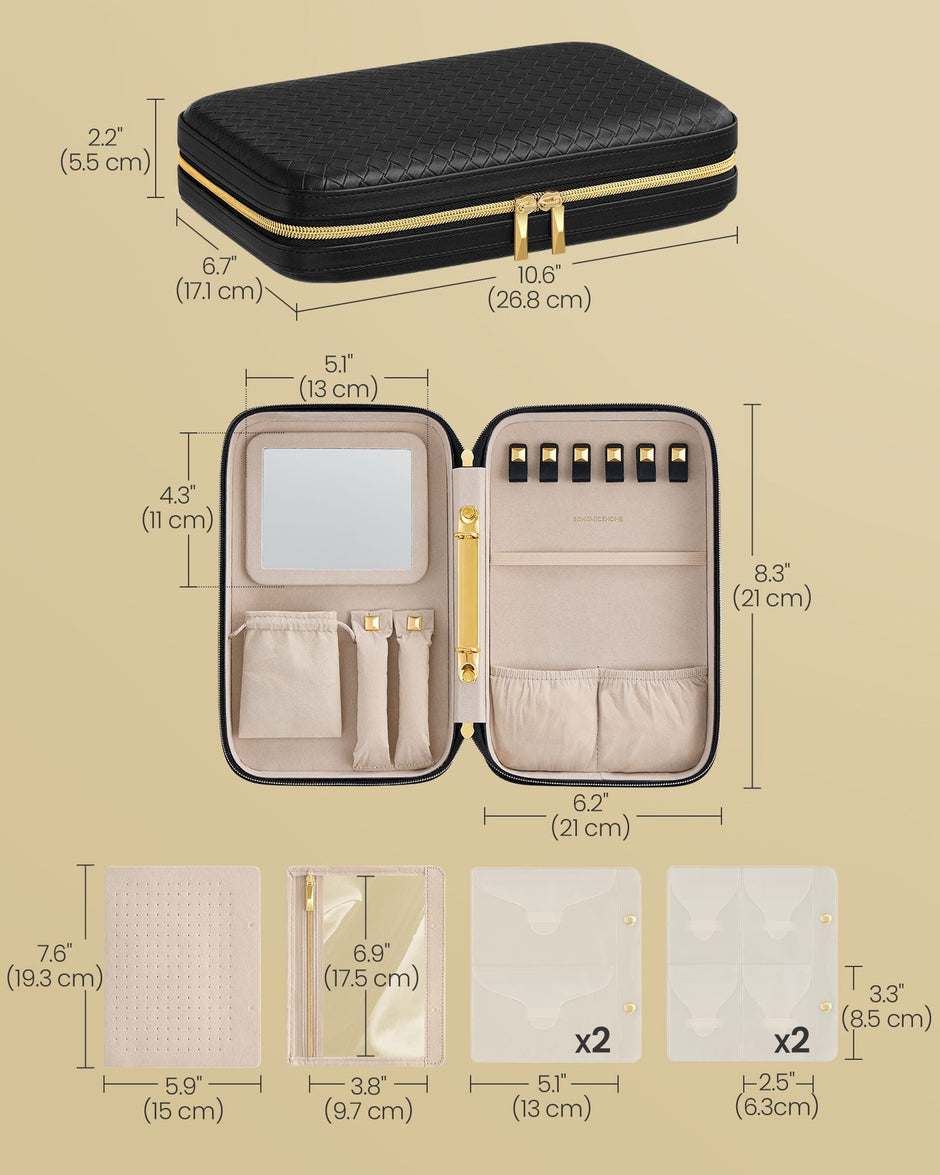 Travel Jewellery Box – Woven Embossed PU Leather – Ink Black – Large Capacity with Mirror
