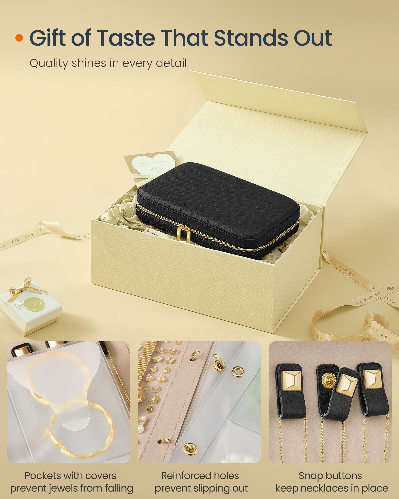 Travel Jewellery Box – Woven Embossed PU Leather – Ink Black – Large Capacity with Mirror