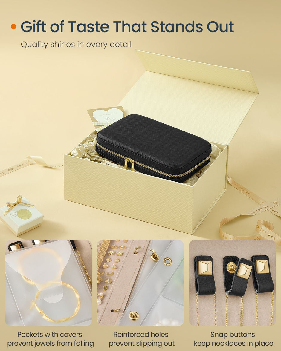 Travel Jewellery Box – Woven Embossed PU Leather – Ink Black – Large Capacity with Mirror