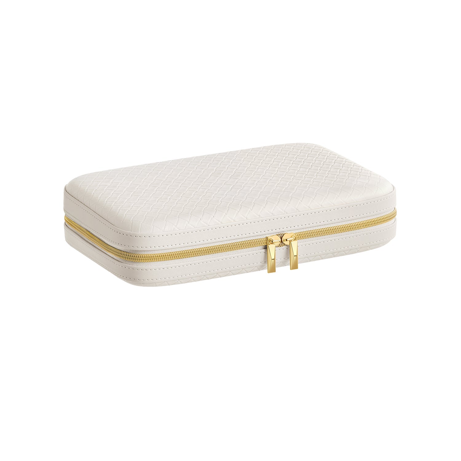 Travel Jewellery Box – Woven Embossed PU Leather – Cloud White – Large Capacity with Mirror