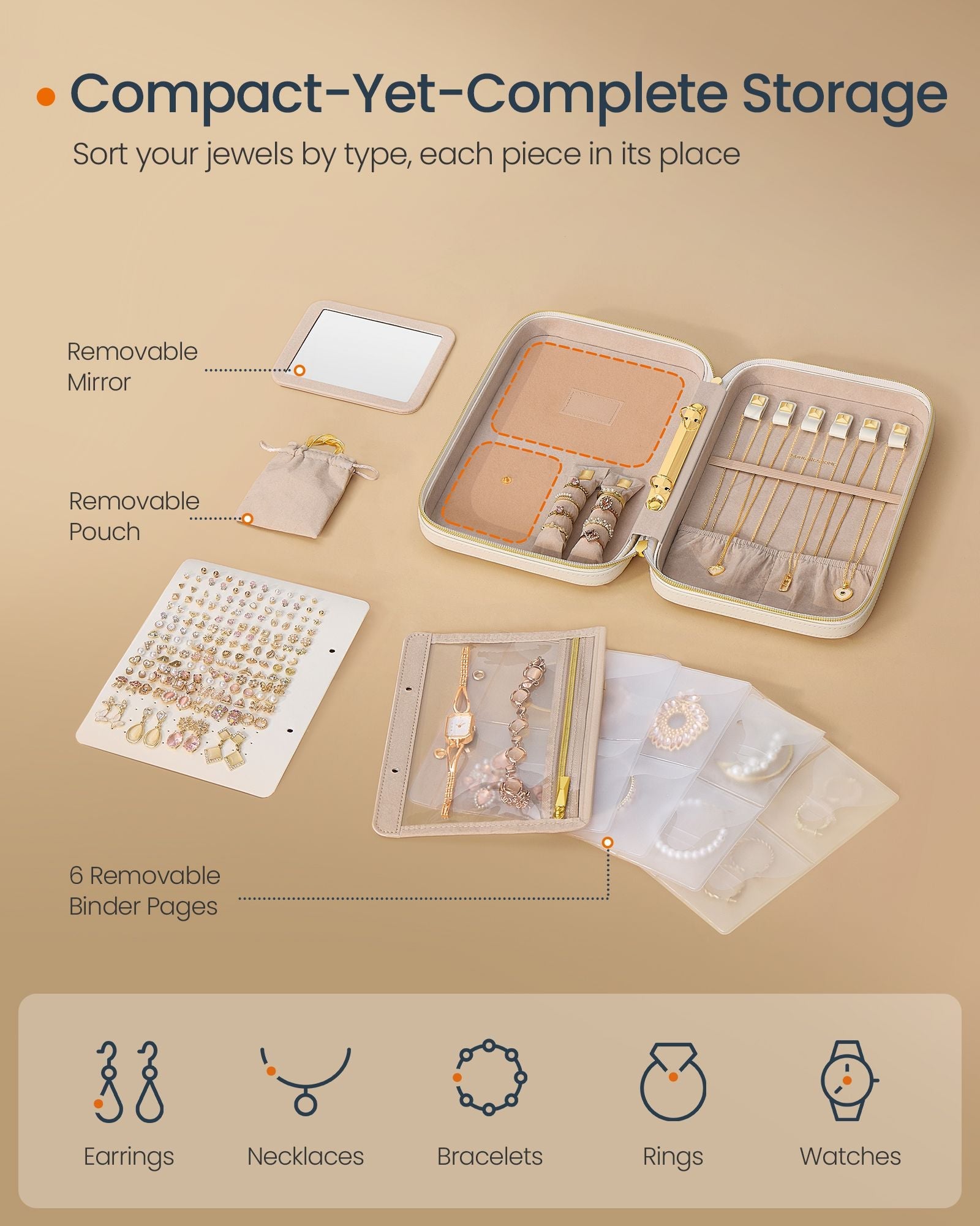 Travel Jewellery Box – Woven Embossed PU Leather – Cloud White – Large Capacity with Mirror