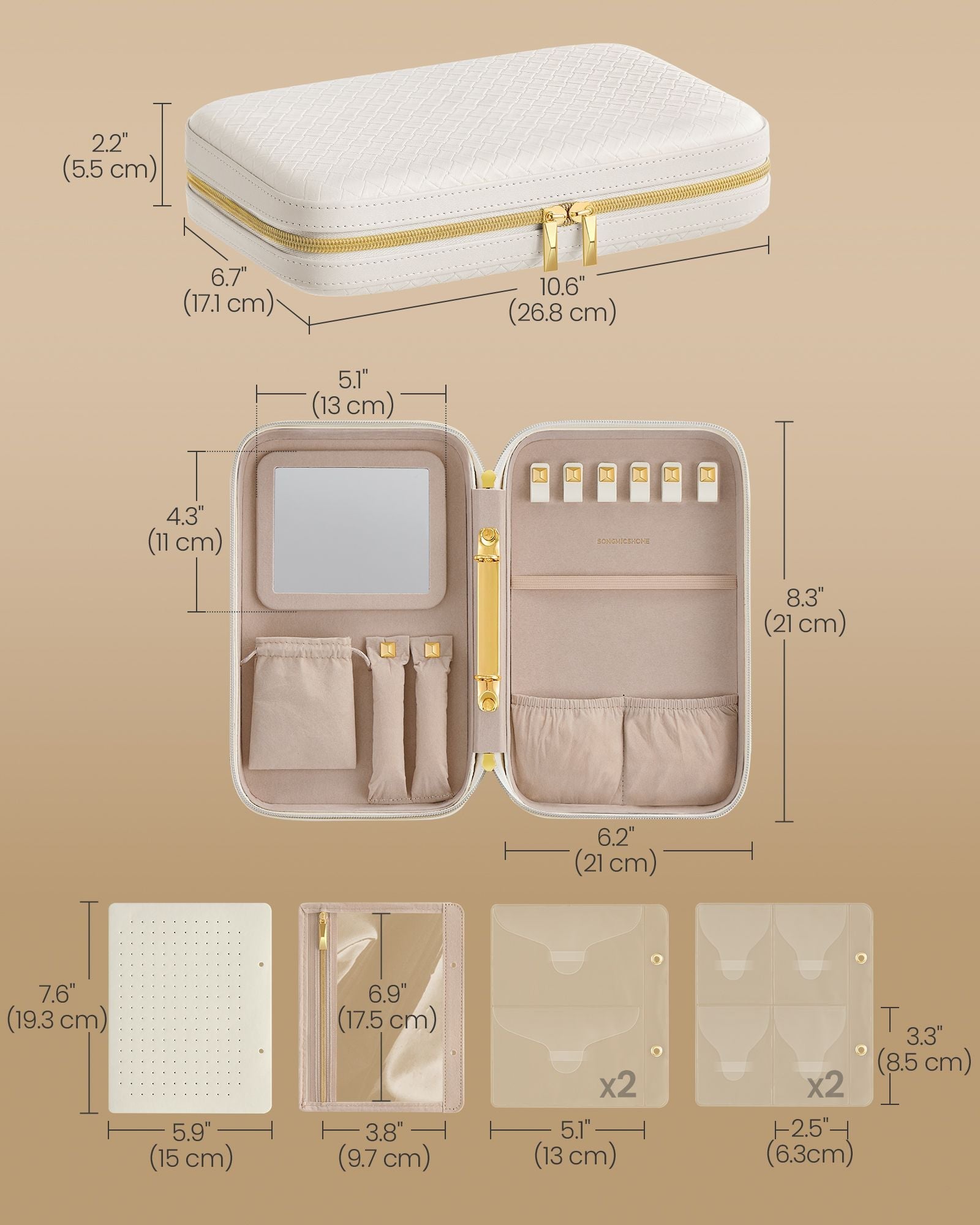 Travel Jewellery Box – Woven Embossed PU Leather – Cloud White – Large Capacity with Mirror