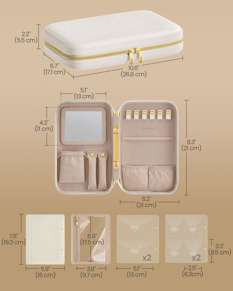 Travel Jewellery Box – Woven Embossed PU Leather – Cloud White – Large Capacity with Mirror