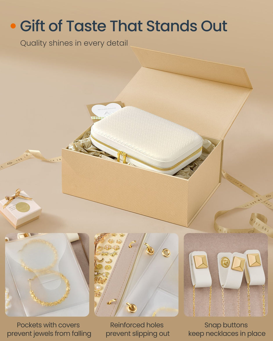 Travel Jewellery Box – Woven Embossed PU Leather – Cloud White – Large Capacity with Mirror