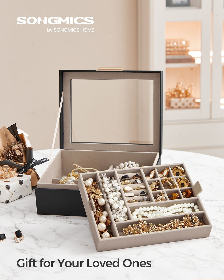 Jewellery Organiser – Wood and Glass – Graphite Black – 2-Layer with Removable Tray