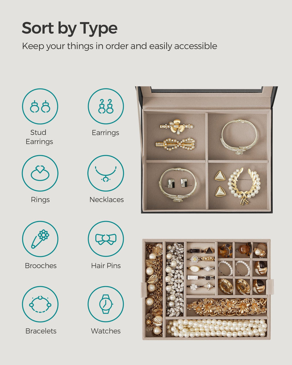 Jewellery Organiser – Wood and Glass – Graphite Black – 2-Layer with Removable Tray
