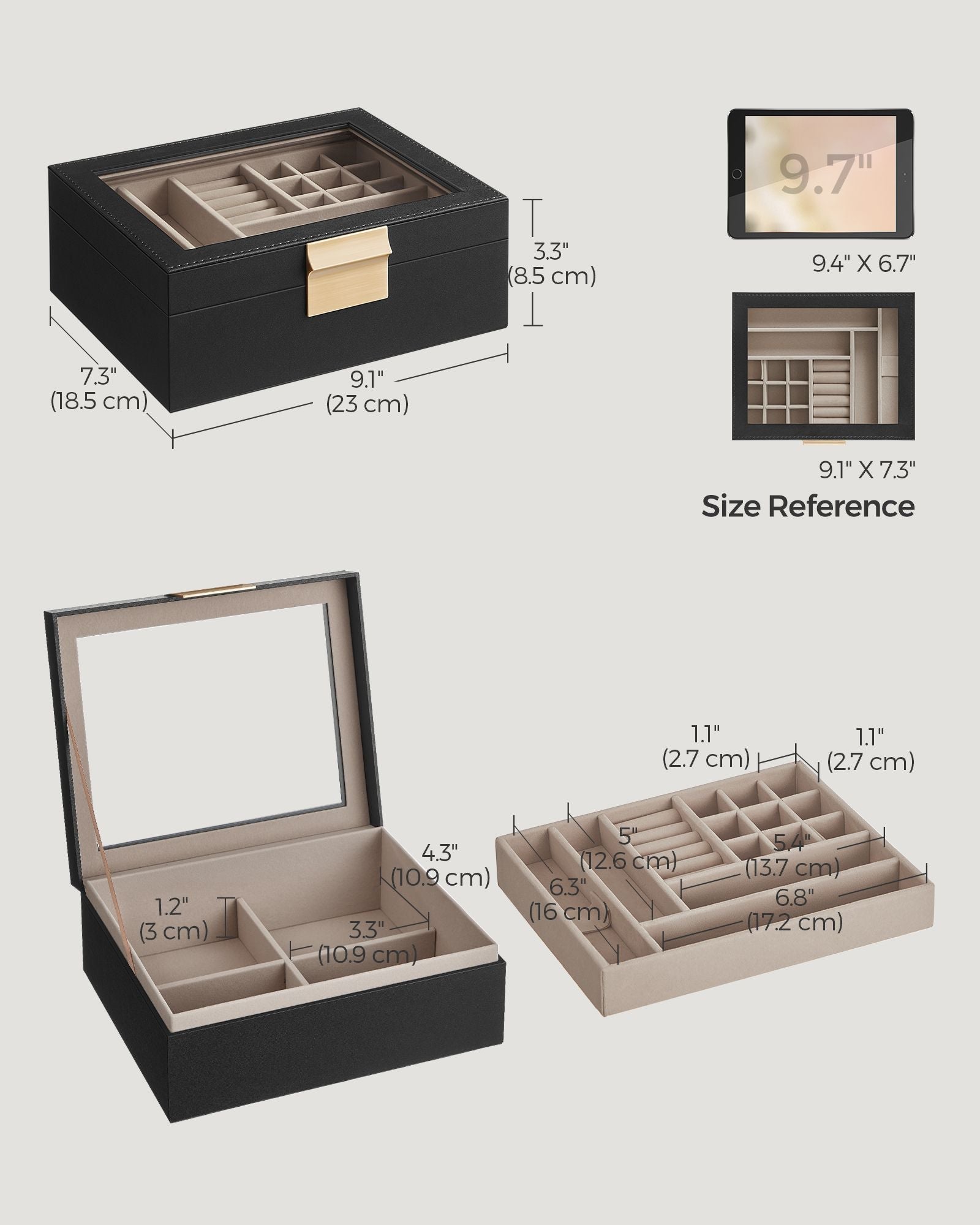 Jewellery Organiser – Wood and Glass – Graphite Black – 2-Layer with Removable Tray