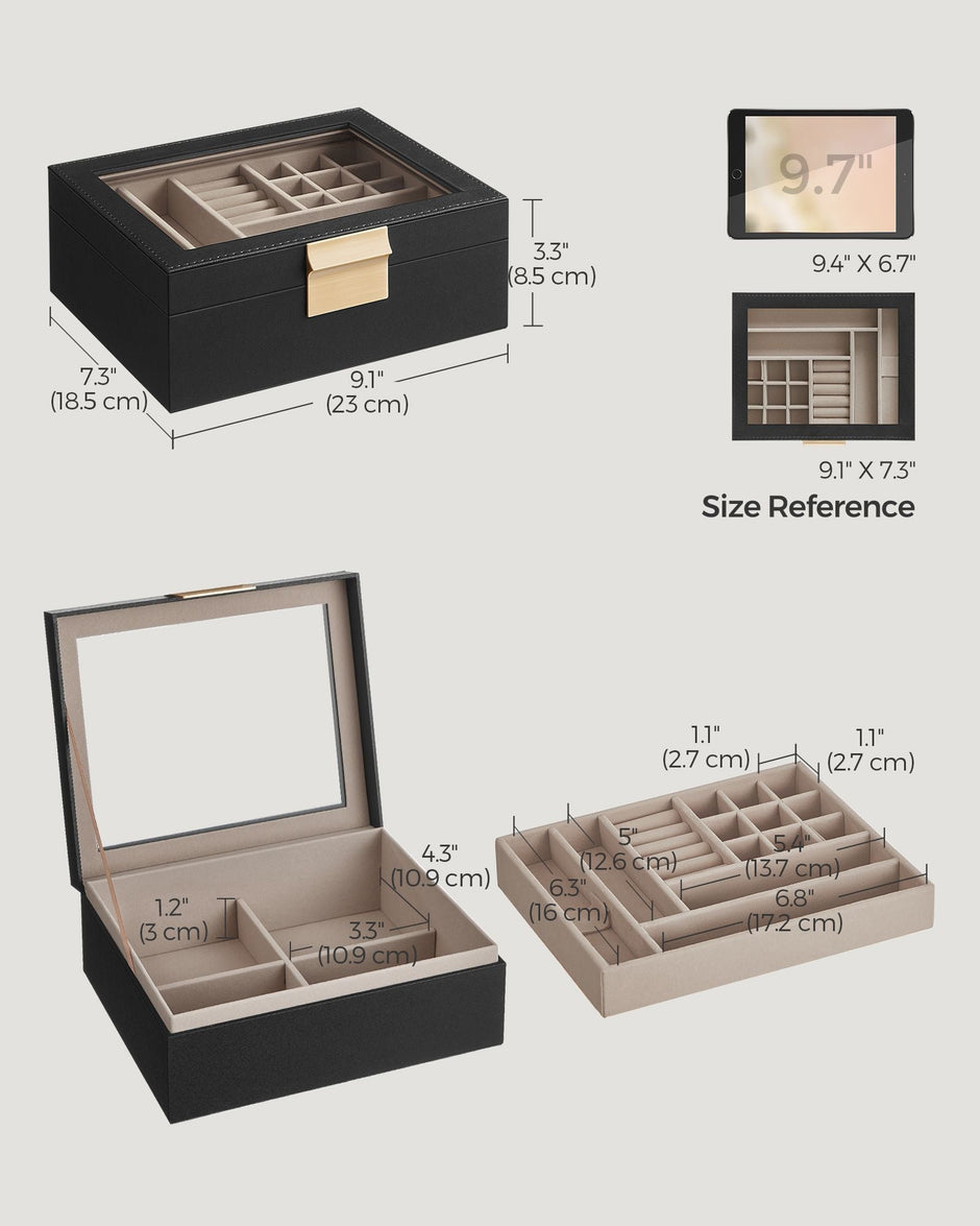 Jewellery Organiser – Wood and Glass – Graphite Black – 2-Layer with Removable Tray