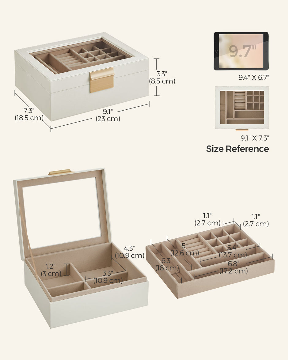 Jewellery Organiser – Wood and Glass – Cloud White – 2-Layer with Removable Tray