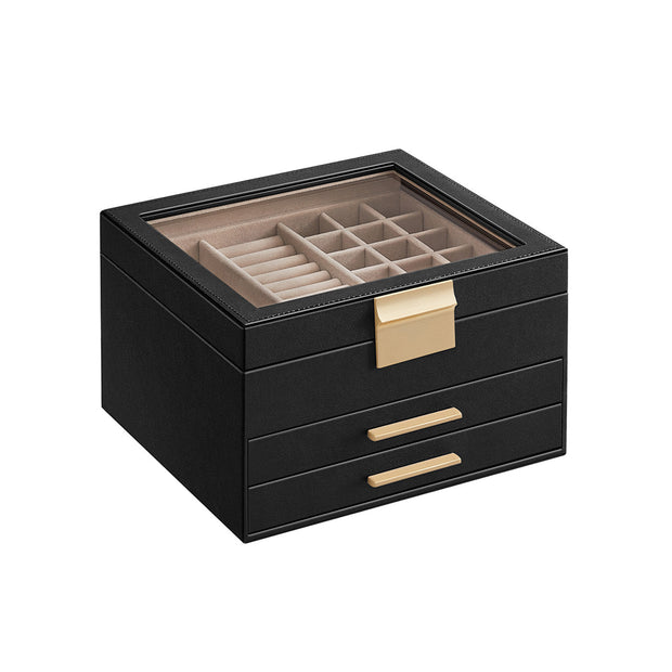 3-Layer Jewellery Organiser – Wood – White – Glass Lid with 2 Drawers