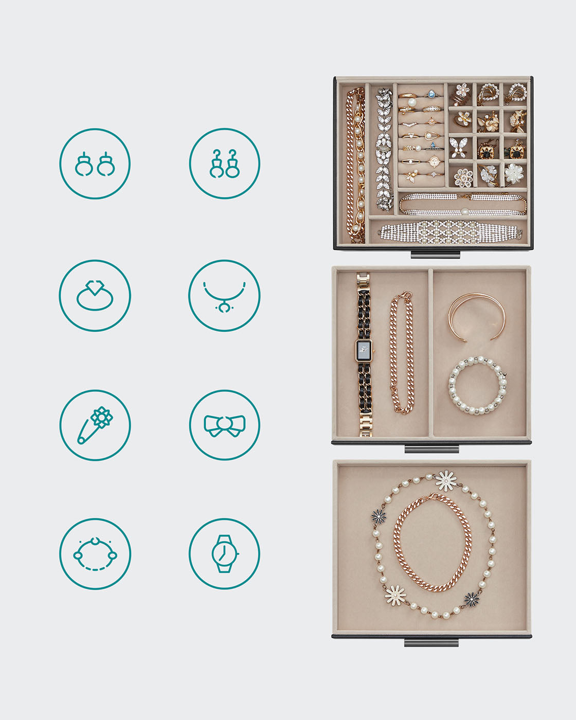 3-Layer Jewellery Organiser – Wood – White – Glass Lid with 2 Drawers