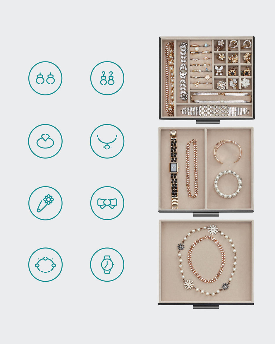 3-Layer Jewellery Organiser – Wood – White – Glass Lid with 2 Drawers