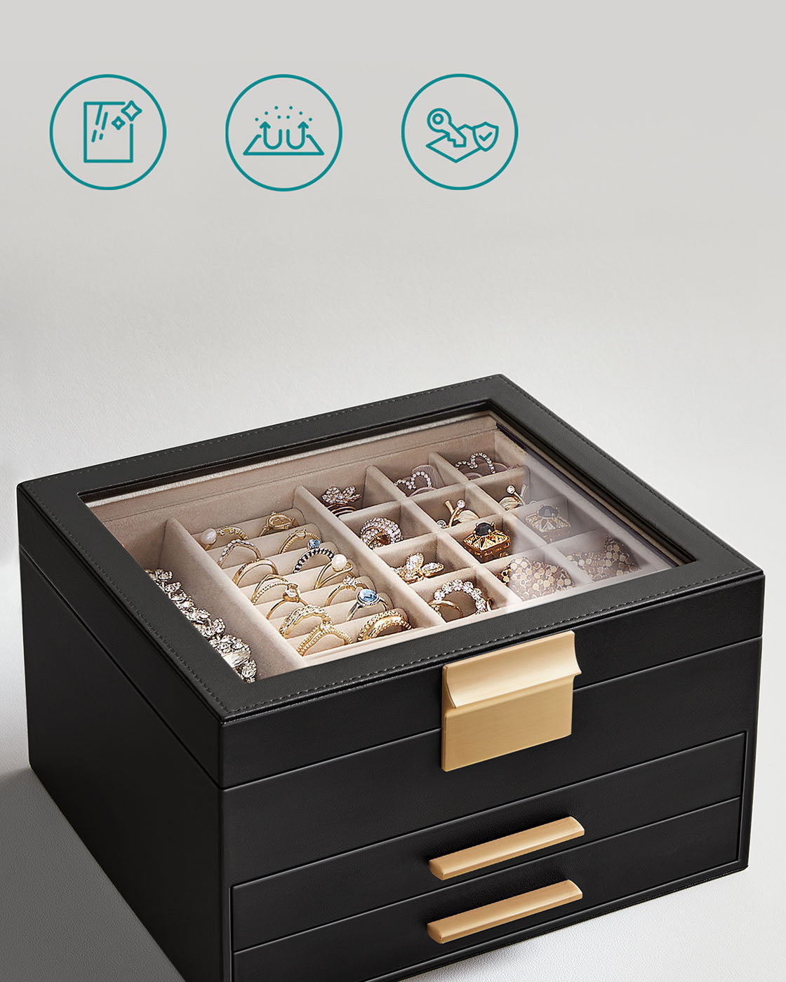 3-Layer Jewellery Organiser – Wood – White – Glass Lid with 2 Drawers