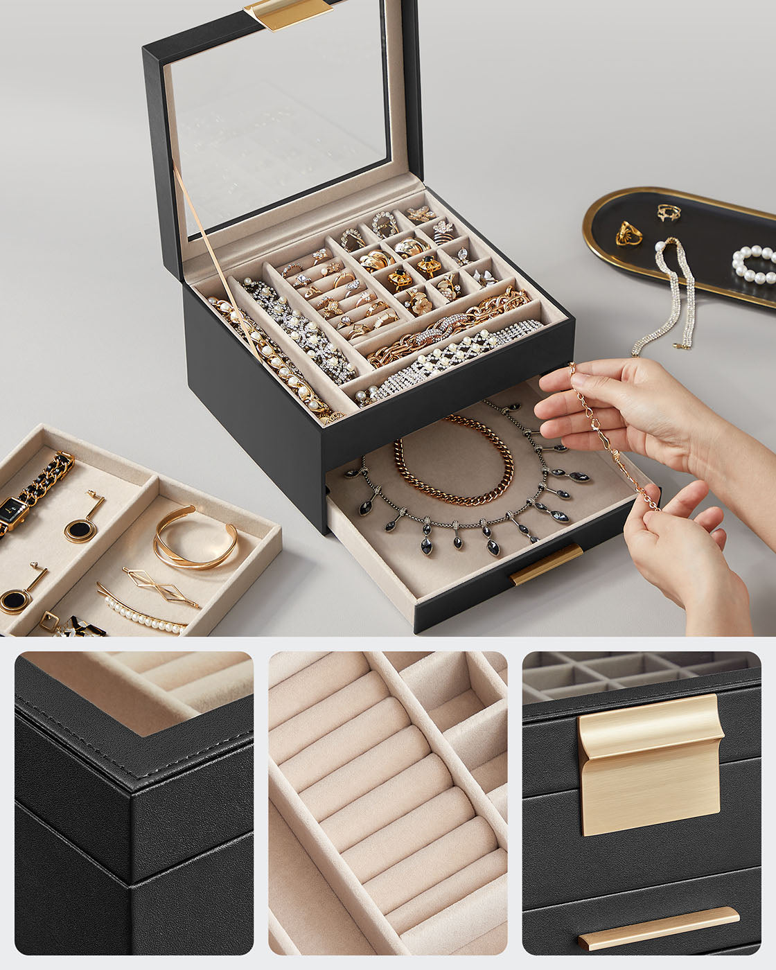 3-Layer Jewellery Organiser – Wood – White – Glass Lid with 2 Drawers