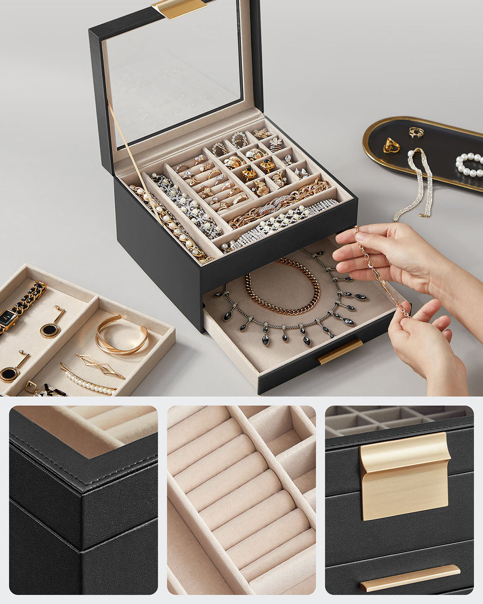 3-Layer Jewellery Organiser – Wood – White – Glass Lid with 2 Drawers
