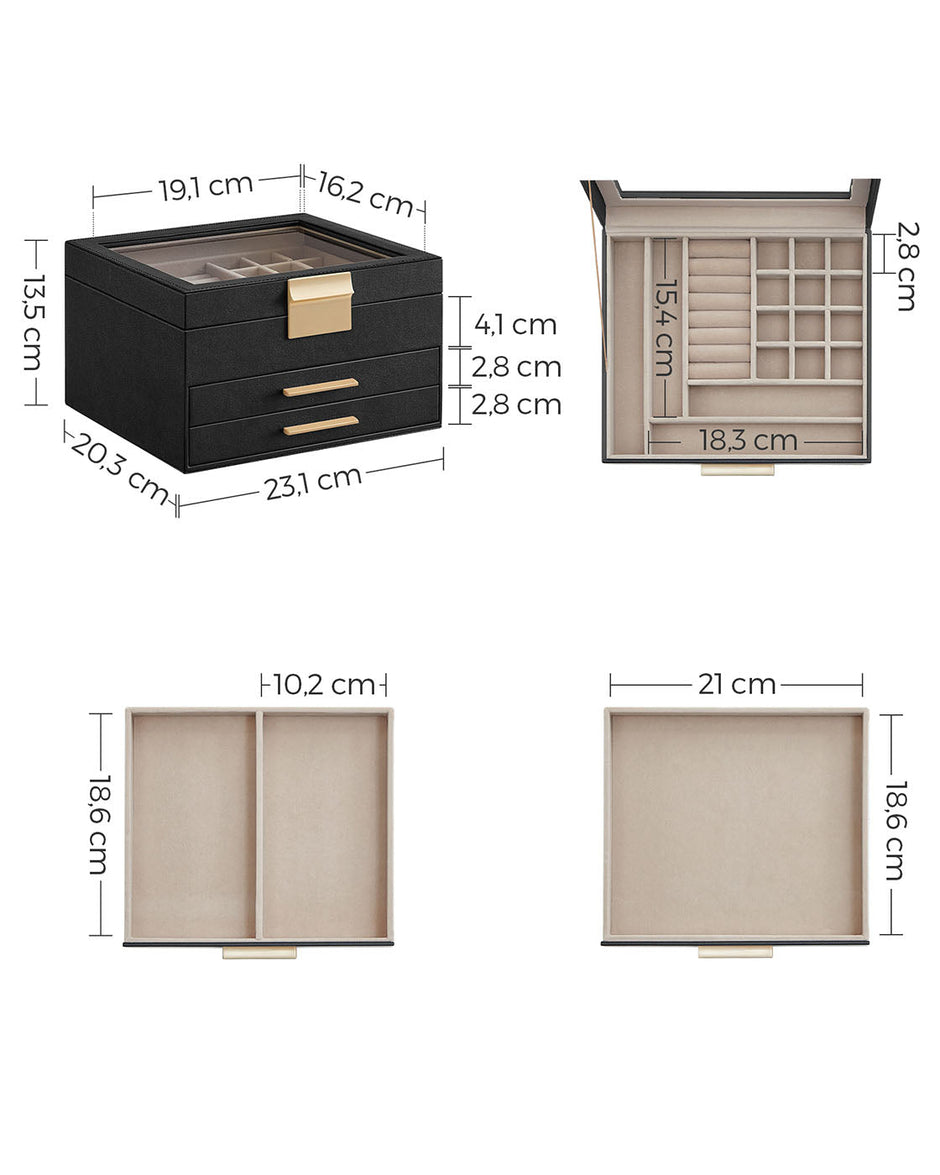 3-Layer Jewellery Organiser – Wood – White – Glass Lid with 2 Drawers
