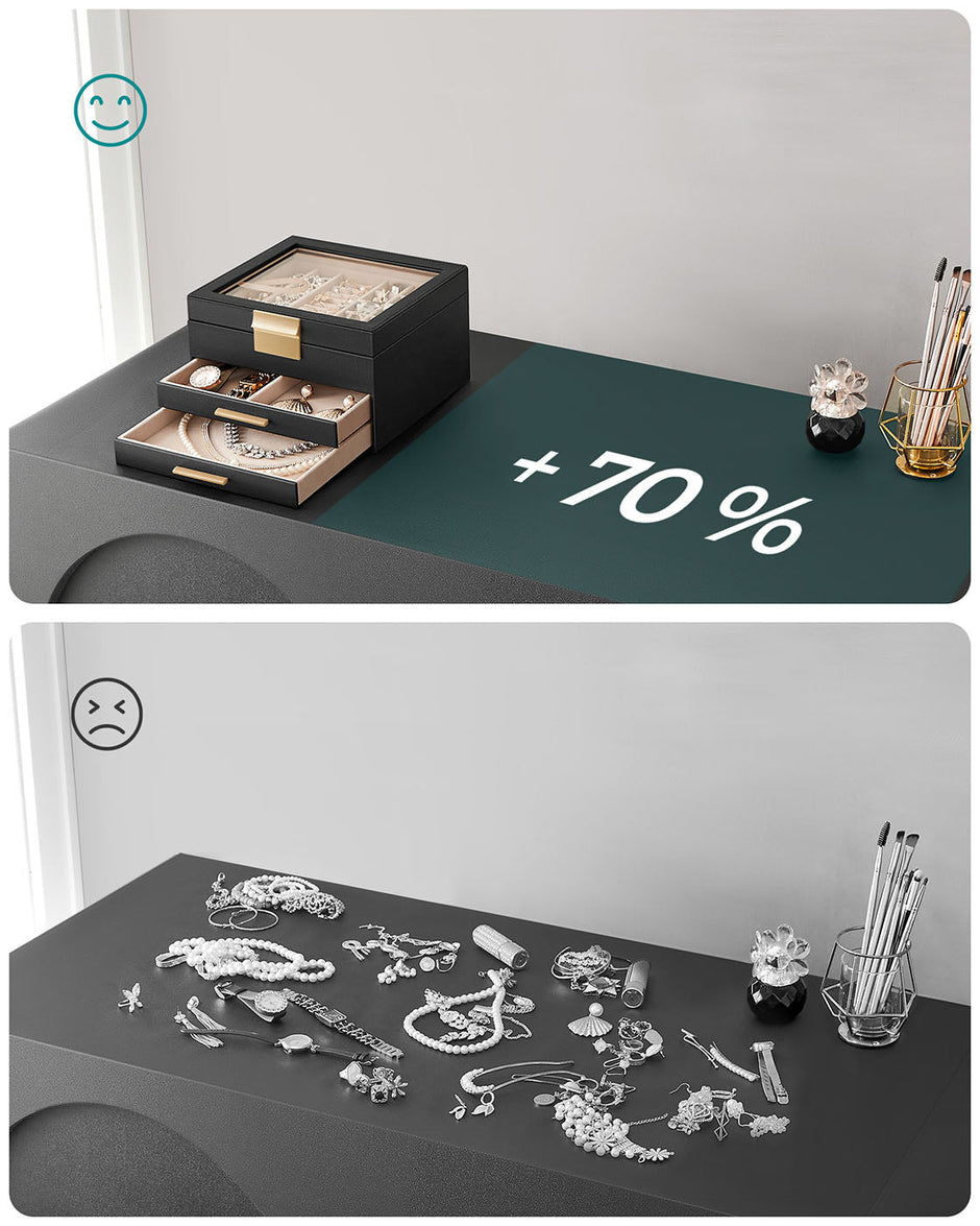 3-Layer Jewellery Organiser – Wood – White – Glass Lid with 2 Drawers