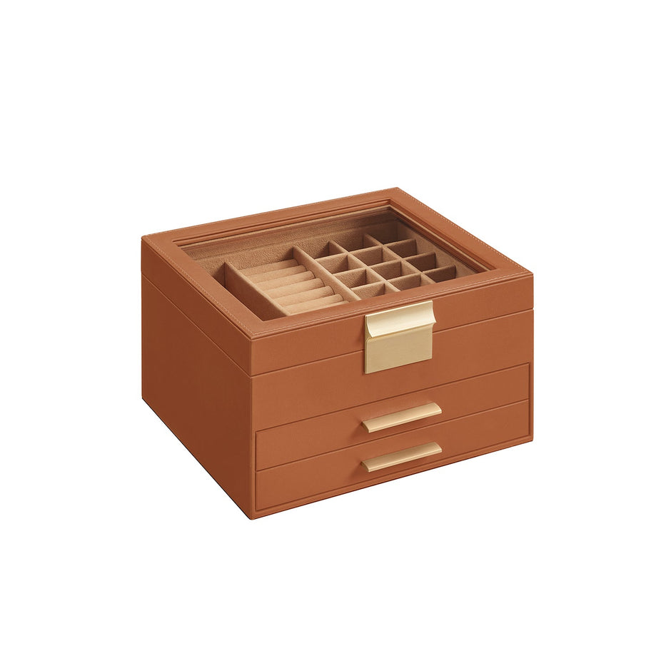3-Tier Jewellery Box – Glass and Wood – Caramel Brown and Gold – Organiser with Drawers