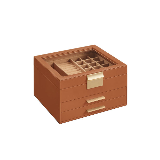 3-Tier Jewellery Box – Glass and Wood – Caramel Brown and Gold – Organiser with Drawers