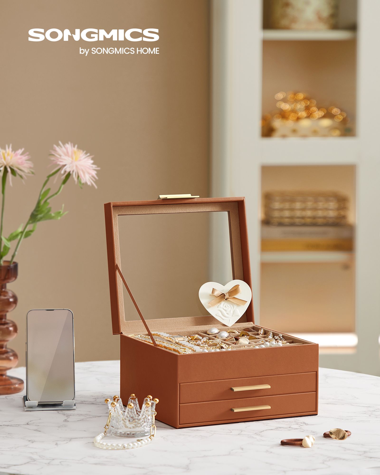 3-Tier Jewellery Box – Glass and Wood – Caramel Brown and Gold – Organiser with Drawers