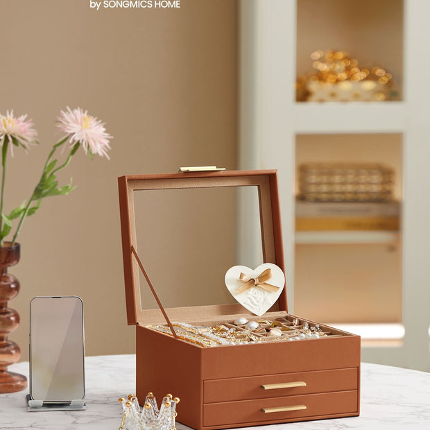 3-Tier Jewellery Box – Glass and Wood – Caramel Brown and Gold – Organiser with Drawers